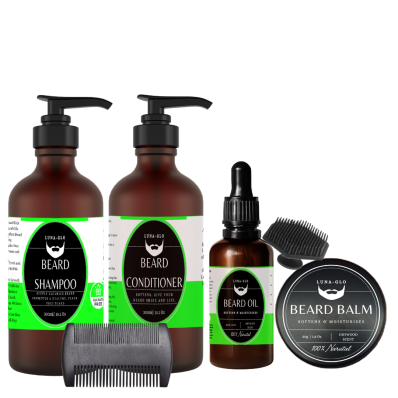 Beard Shampoo, Conditioner, Oil & Balm Set Comes with Beard Comb & Silicone Brush - Replenishes Moisture, Softens & Nourishes, Reduces Beard Itch